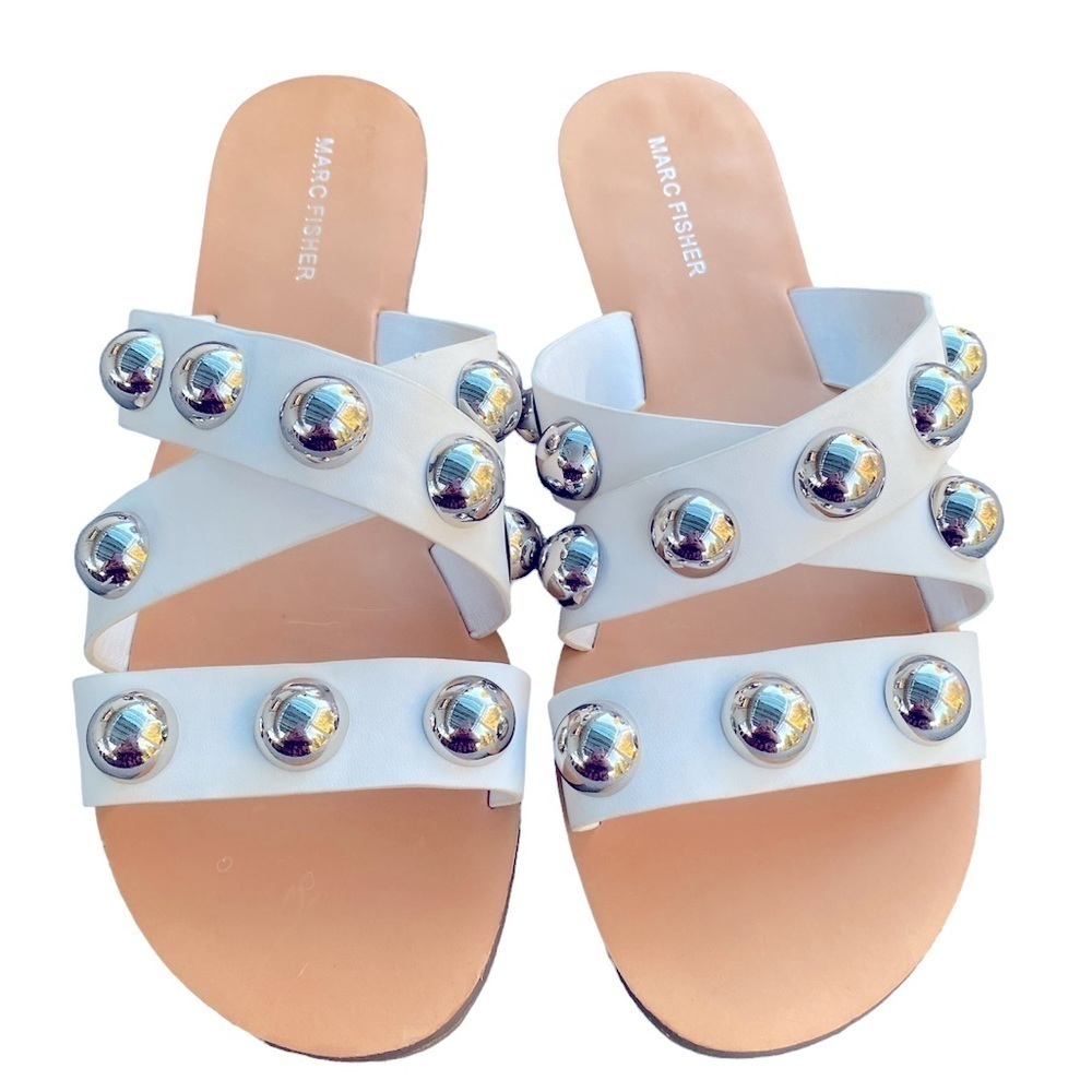 Marc Fischer white flats sandals silver studded crisscross over arch 10M